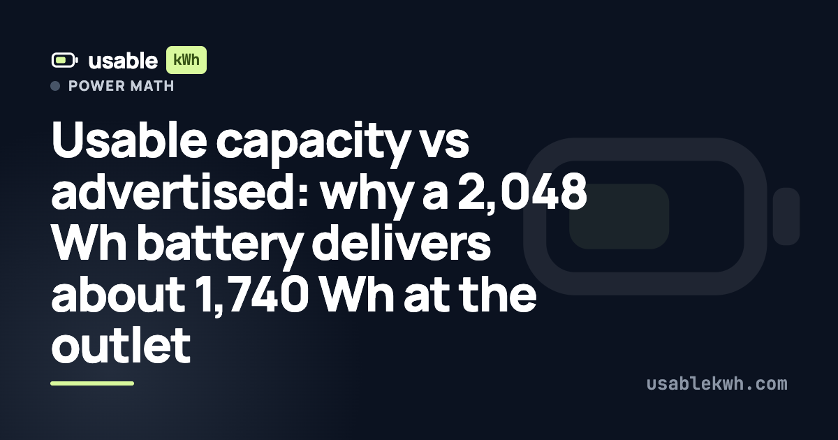 Usable capacity vs advertised: why a 2,048 Wh battery delivers about 1,740 Wh at the outlet
